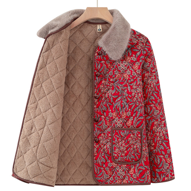 Mom's autumn and winter clothing, light and thin cotton-padded coat, velvet warm cotton coat, middle-aged and elderly women's clothing, grandma lapel cotton-padded jacket