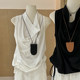 Blue swing collar sleeveless vest for women in summer design niche high-end Korean style fashionable loose drawstring top
