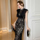 French Hepburn style sleeveless workwear dress, professional temperament, high-end feel, slim half-high collar, hip-hugging lace skirt