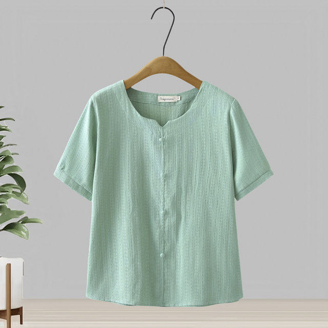 Short-sleeved pullover jacquard cotton shirt for women 2025 summer new style middle-aged and elderly mothers wear loose and fashionable top