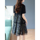 Baoshili round neck lace mesh spliced ​​printed dress 2025 summer new short-sleeved fashionable midi skirt