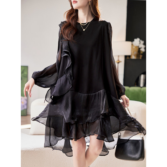 Baoshili round neck mesh spliced ​​long-sleeved dress 2025 spring temperament simple high-end casual black skirt

