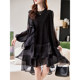 Baoshili round neck mesh spliced ​​long-sleeved dress 2025 spring temperament simple high-end casual black skirt
