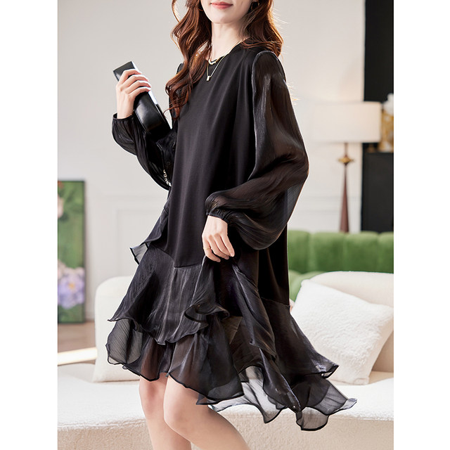 Baoshili round neck mesh spliced ​​long-sleeved dress 2025 spring temperament simple high-end casual black skirt

