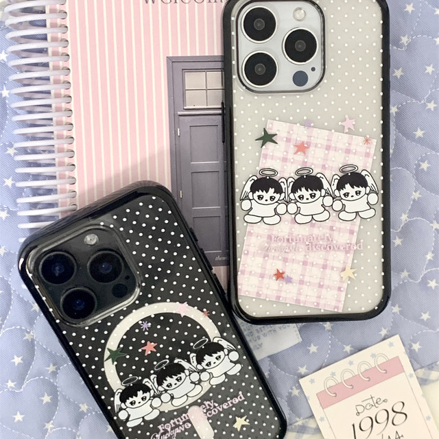 Flower Coconut Designer co-branded original polka dot angel Xiaodi slope case black edge small card mobile phone case suitable for iPhone17Pro/16promax/15/14/13 Ca same case