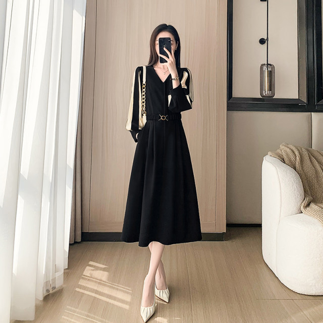 High-end French black dress for women 2025 new long-sleeved temperament waist-hugging A-line skirt spring little black skirt
