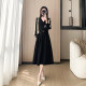 High-end French black dress for women 2025 new long-sleeved temperament waist-hugging A-line skirt spring little black skirt
