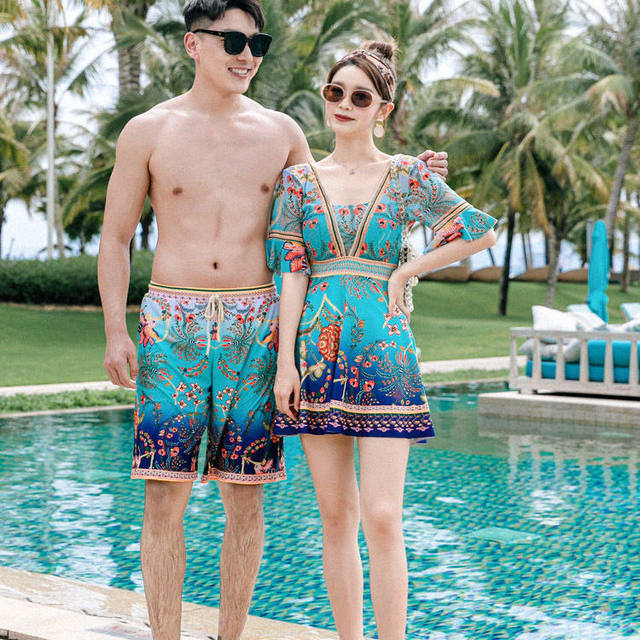 Women's 2023 new couple sexy beach dress style conservative belly-covering slim men's hot spring beach swimming