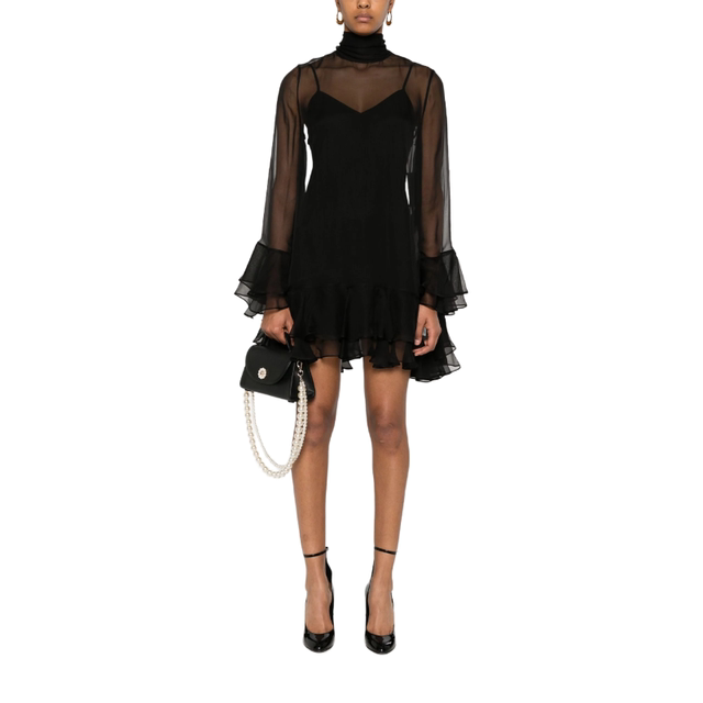 Women's silk long sleeves micro perspective micro perspective ruffled flared sleeve pleated high-end dress spring and summer new products
