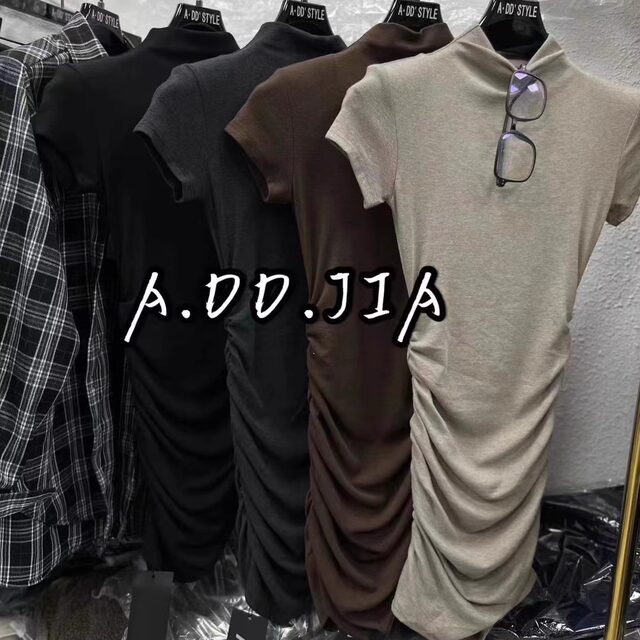 ADD Korean version early autumn new pure slim half high neck pleated design short-sleeved dress hot girl short skirt women