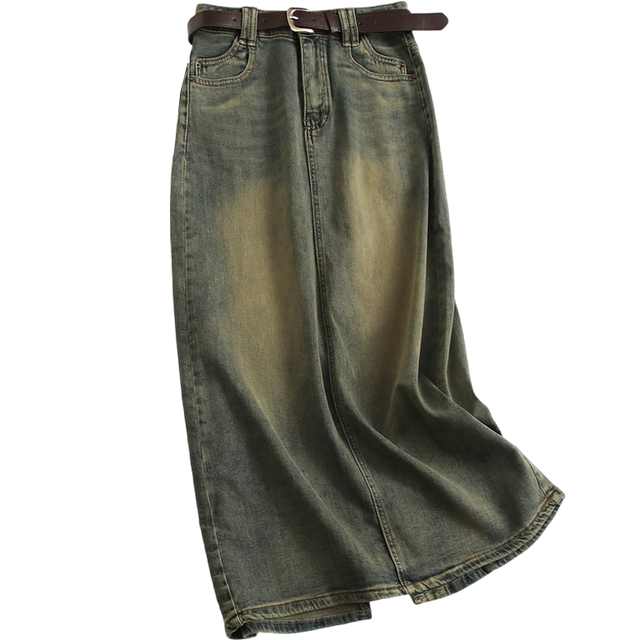 Soft retro! Make old water washing! With waistband high -waisted thin straight skirt wild long skirt female skirt G370
