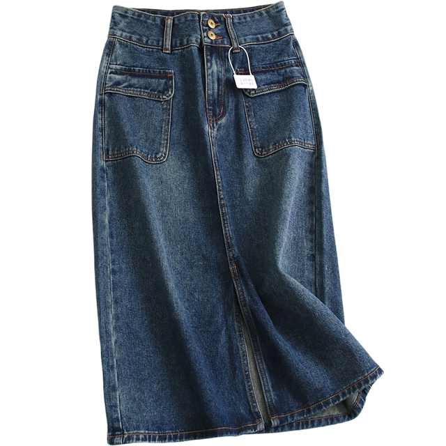 Retro blue high waist two-bar buckle flap pocket front slit hip skirt versatile midi skirt denim skirt K331