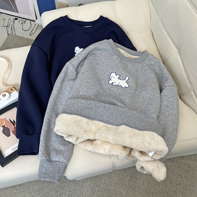 Add velvet thick lambsses sweater women autumn and winter new Korean version of the loose, super thick warm holder, hoodless long sleeve top

