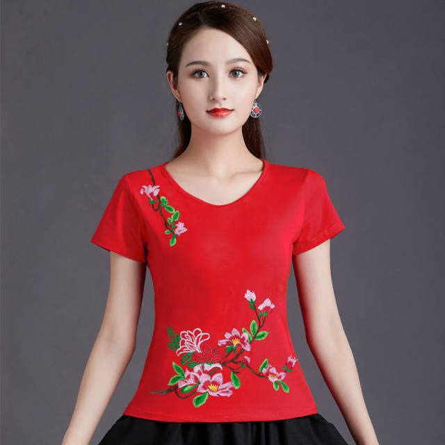 Chinese style women's tops summer new style ethnic embroidered short-sleeved T-shirt for women's embroidered slim fit large size base shirt