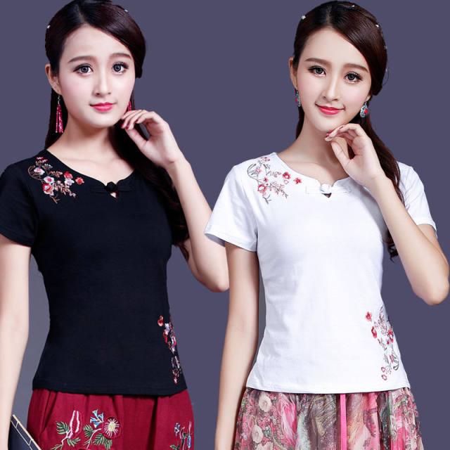 Ethnic style embroidered short-sleeved T-shirt for women's summer clothes new Chinese style women's tops embroidered slim large size base shirt