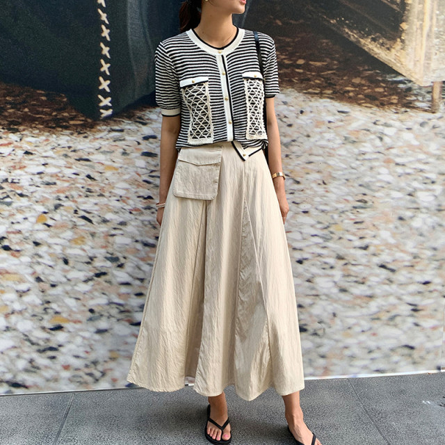 2025 spring and summer new high-waisted A-line skirt large size women's slim and versatile pocket workwear mid-length skirt