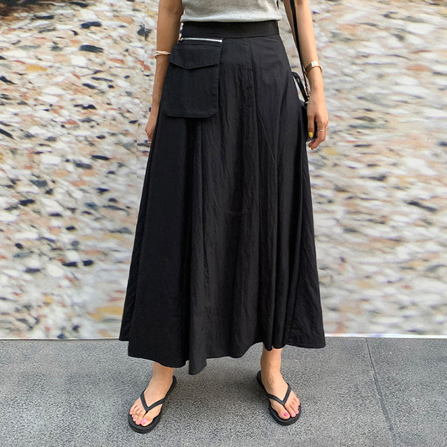 2025 spring and summer new high-waisted A-line skirt large size women's slim and versatile pocket workwear mid-length skirt