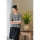 Light autumn retro v-neck black and white plaid short-sleeved top loose rag-shoulder T-shirt for women 2024 new style 4B41510