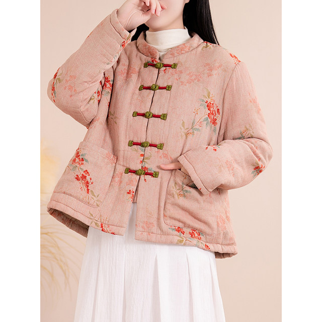 Chinese style printed tied thread clamped cotton warm cotton jacket with artistic retro stand collar improved winter cotton jacket