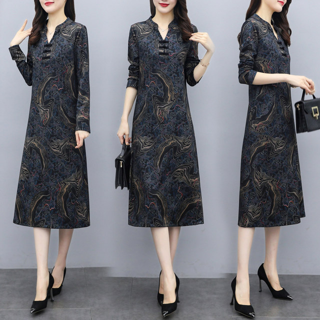 Middle-aged mother's wear spring and autumn cheongsam improved version dress temperament slimming over the knee long skirt age-reducing body-covering bottoming skirt