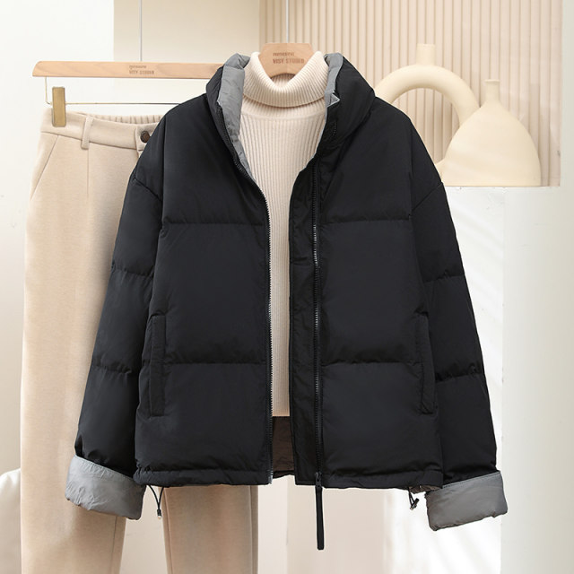 2024 Winter New Simple Fashion Down Jacket Women's Short White Duck Down Small Color Block Loose Bread Jacket