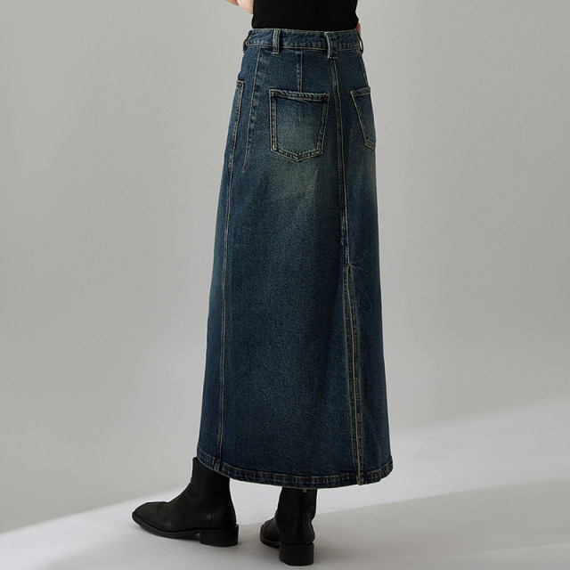 qs 秸hee autumn and winter new retro washed distressed denim skirt with back slit mid-length high-waisted slim skirt for women