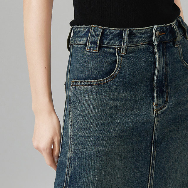 qs 秸hee autumn and winter new retro washed distressed denim skirt with back slit mid-length high-waisted slim skirt for women