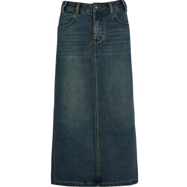 qs 秸hee autumn and winter new retro washed distressed denim skirt with back slit mid-length high-waisted slim skirt for women