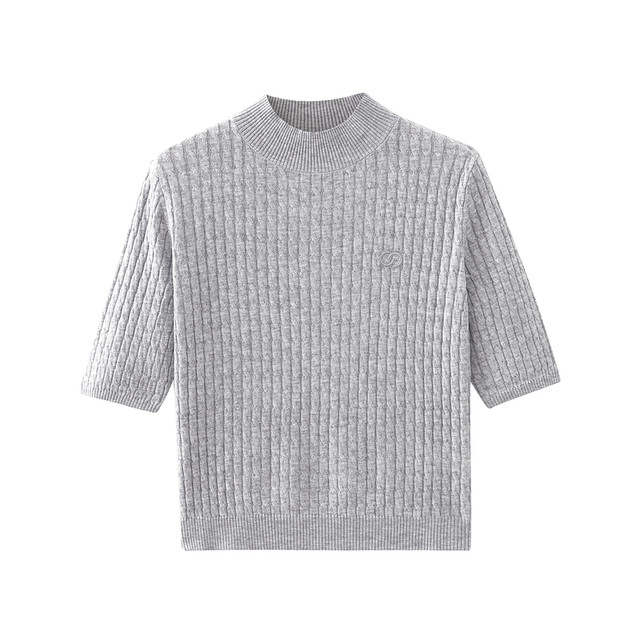 Shuiyunjian gray-blue cork wool sweater short-sleeved T-shirt women's front shoulder half-sleeved top 2025 spring new style
