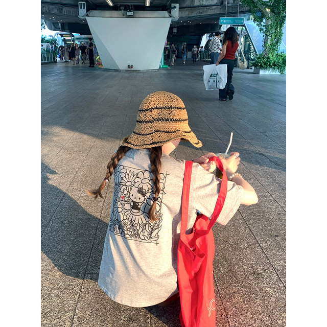Ashy Snow kt head back printed embroidered loose short-sleeved T-shirt spring and summer white gray versatile lazy