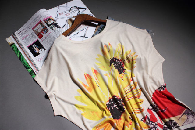 European 2024 summer new fashion printed yellow chrysanthemum loose ragander sleeves plus size slimming women's short sleeves
