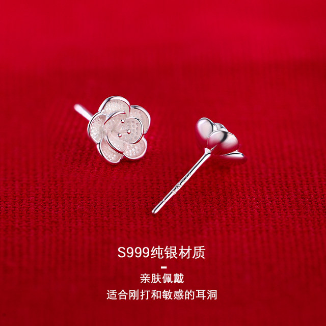 999 Sterling Silver Camellia Earrings Niche Light Luxury Earrings Women's High-end 2025 New Hot Ear Dress