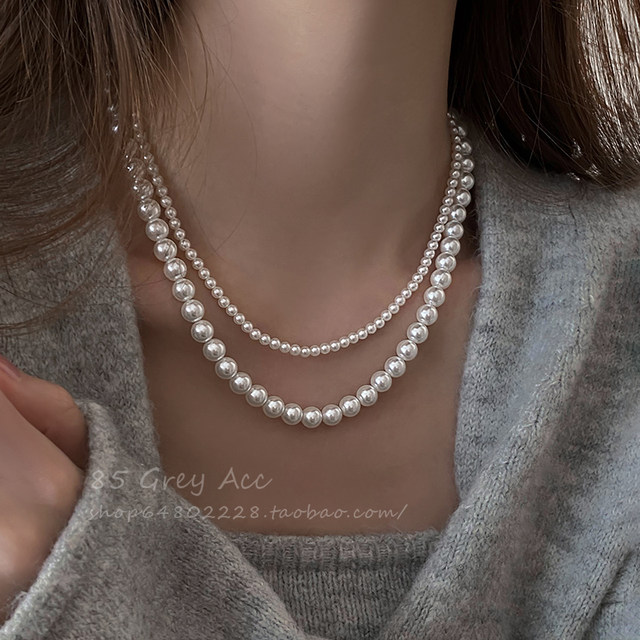 Shijia Zhenduo hemp gray double-layer stacked necklace for women, light luxury temperament, detachable spring and autumn sweater chain, niche necklace