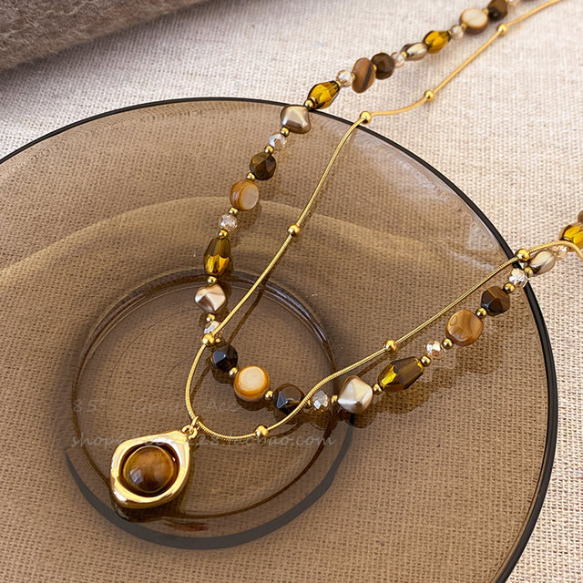 Retro tiger eye stone natural stone beaded necklace set for women new light luxury fashion clavicle chain temperament sweater chain