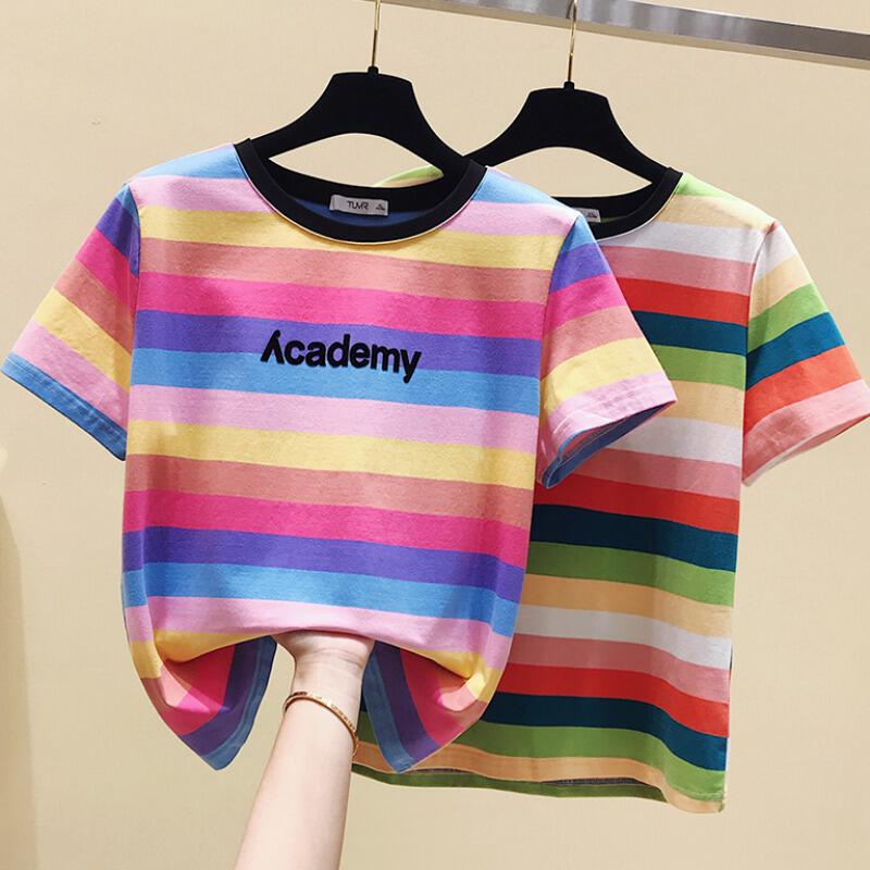 韩国超火彩虹条纹t恤女短袖2022年新款夏装韩版宽松半袖上衣ins潮