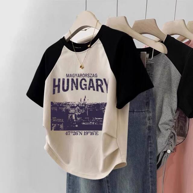 Spliced ​​straight shoulder rag-shoulder short sleeves for women 2025 summer new Korean style design printed casual round neck T-shirt short
