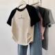 Spliced ​​straight shoulder rag-shoulder short sleeves for women 2025 summer new Korean style design printed casual round neck T-shirt short
