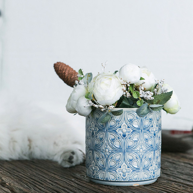 Nordic ceramic relief flower ice crack glaze Phalaenopsis flower pot retro home soft decoration light luxury art breathable simplicity