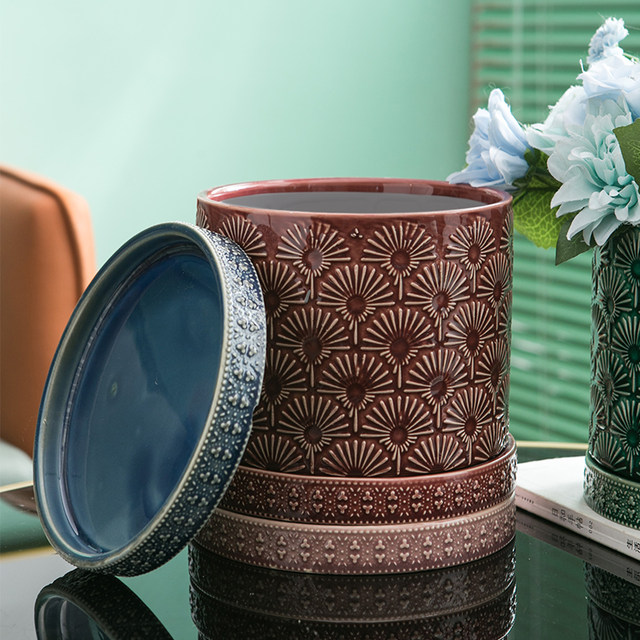 MimiHome export flower pot ceramic tray water connection tray green plant chassis circular base embossed ice crack flower pot holder