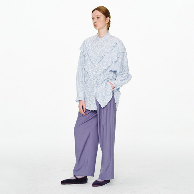 ItoshIroshI color woven striped jacquard tassel stand collar ruffled three-dimensional mid-length shirt Jump link

