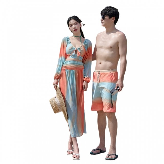 Ins style couple swimsuits, small breasts, sexy split bikini triangle three-piece swimsuit, women and men's beach pants
