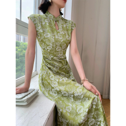 WANGXO new Chinese cheongsam dress woman summer 2023 new design feel waist thin long skirt