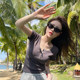 Light gray large neckline front shoulder short-sleeved T-shirt for women 2025 summer new high-end short round neck slim body
