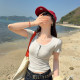 Yellow round neck straight shoulder short-sleeved T-shirt for women in 2025 spring and summer new style unique and beautiful slim short top
