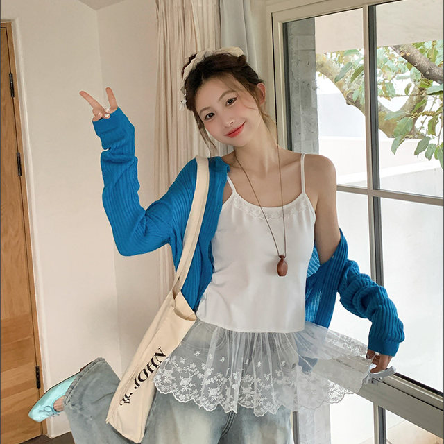 Gray lace spliced ​​hem lace camisole for women to wear inside and outside, autumn new style, beautiful sleeveless top