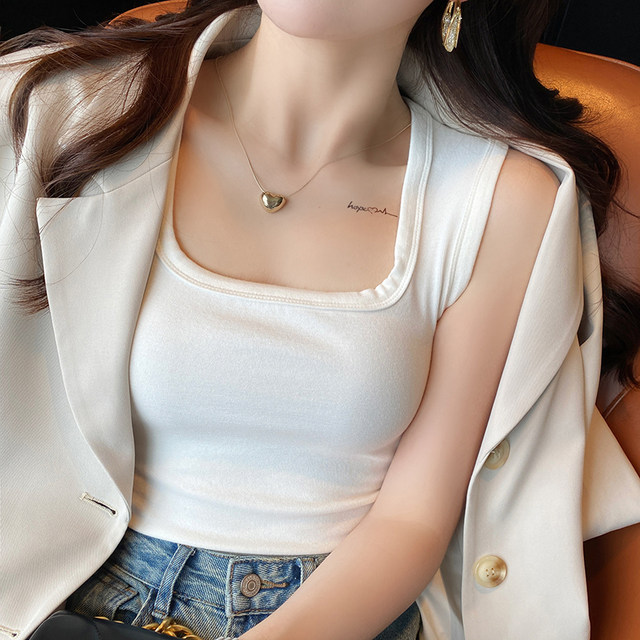 Women's 2025 new blue wide shoulder strap square collar suspender short square collar base slim fit inner top wear outside