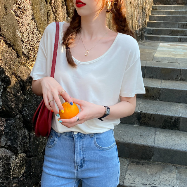 Green Modal short-sleeved facial mask T-shirt women's 2025 summer new loose fat mm belly cover V-neck ice silk top