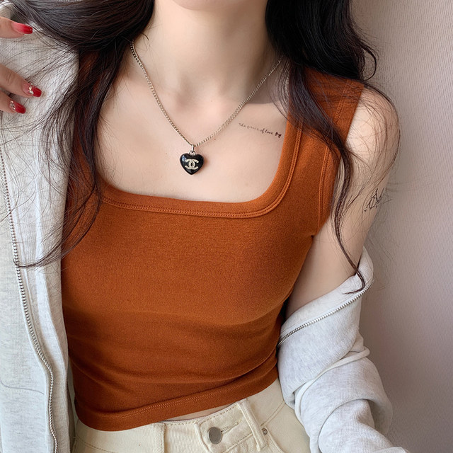 Women's 2025 new blue wide shoulder strap square collar suspender short square collar base slim fit inner top wear outside