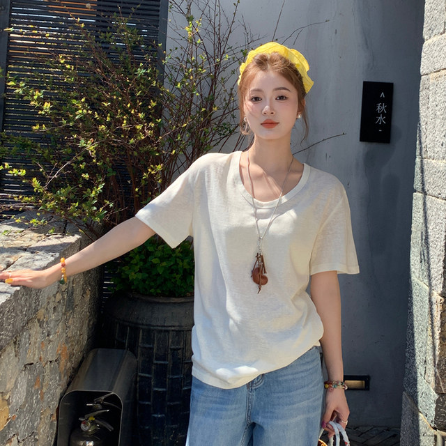 Longmei’s green V-neck ice silk cotton linen short-sleeved T-shirt women’s 2025 summer thin loose slim half-sleeved top