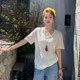 Longmei’s green V-neck ice silk cotton linen short-sleeved T-shirt women’s 2025 summer thin loose slim half-sleeved top